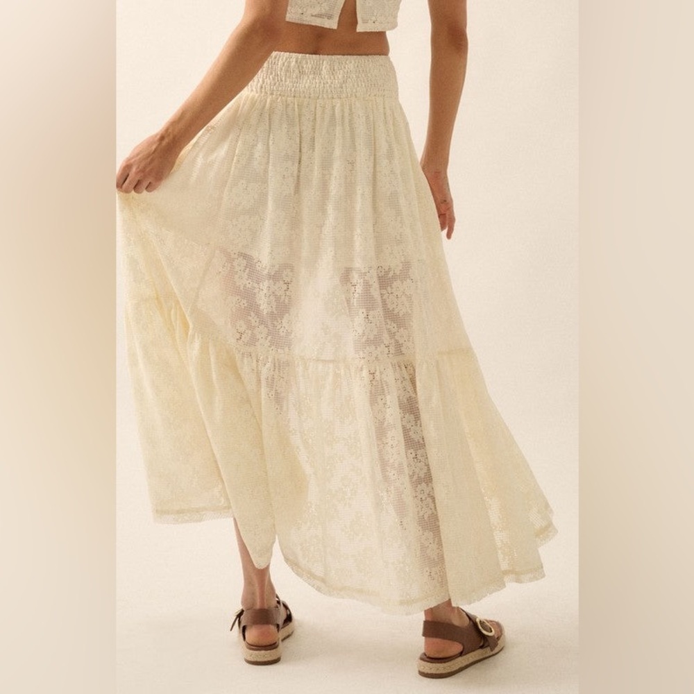 Promesa Sheer Floral Lace Asymmetrical High Low Ruffle Hem Maxi Skirt - Picture 7 of 9